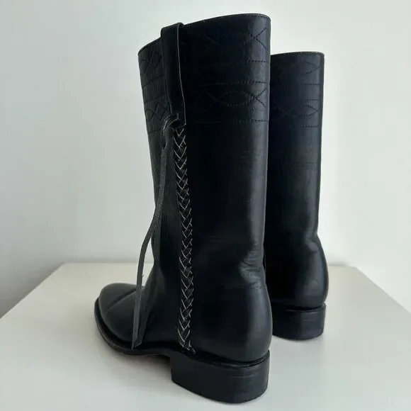German Botas Leather Boots Size 25 Black Braided Fringe Riding Marching Stitch